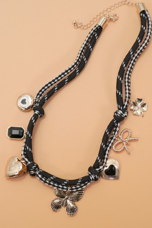Rope Cord Heart Locket Charm Necklace-Black