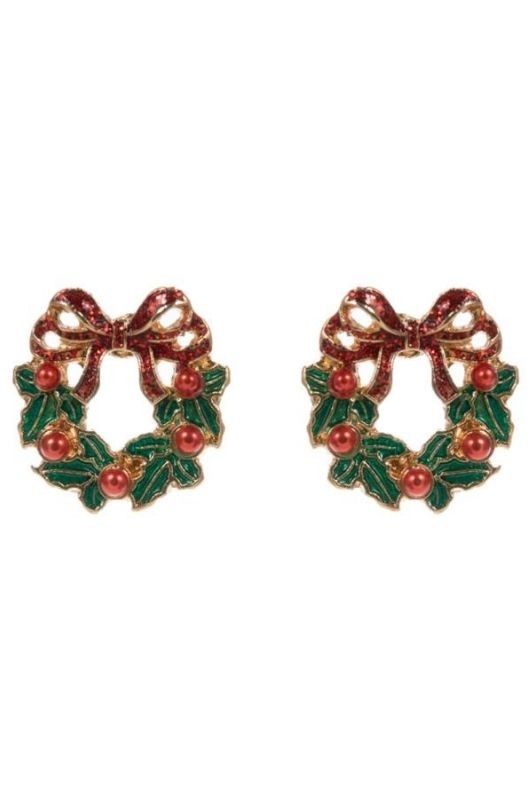 Red Glitter Bow Wreath Stud Earring