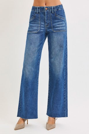 Mid Rise Patch Pocket Wide Leg Denim