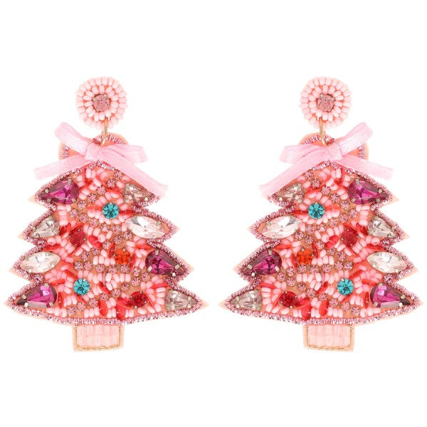 Pink Ribbon Topped Beaded Christmas Tree Earring