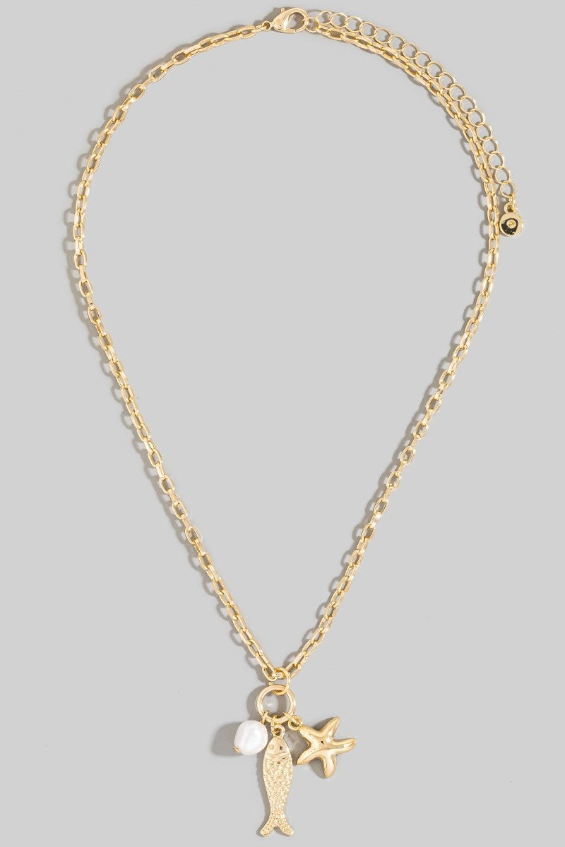 Fish, Pearl & Starfish Charms Chain Necklace