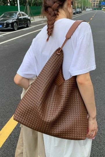 Faux Leather Woven Tote Shoulder Bag
