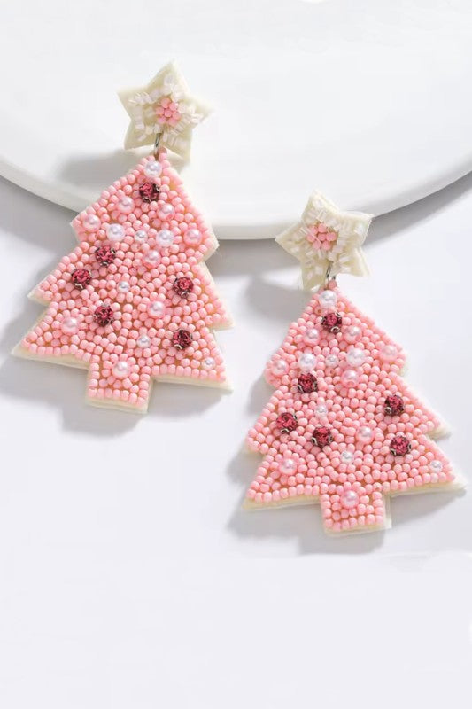 Seed Bead Christmas Tree Earring-Pink/Wht