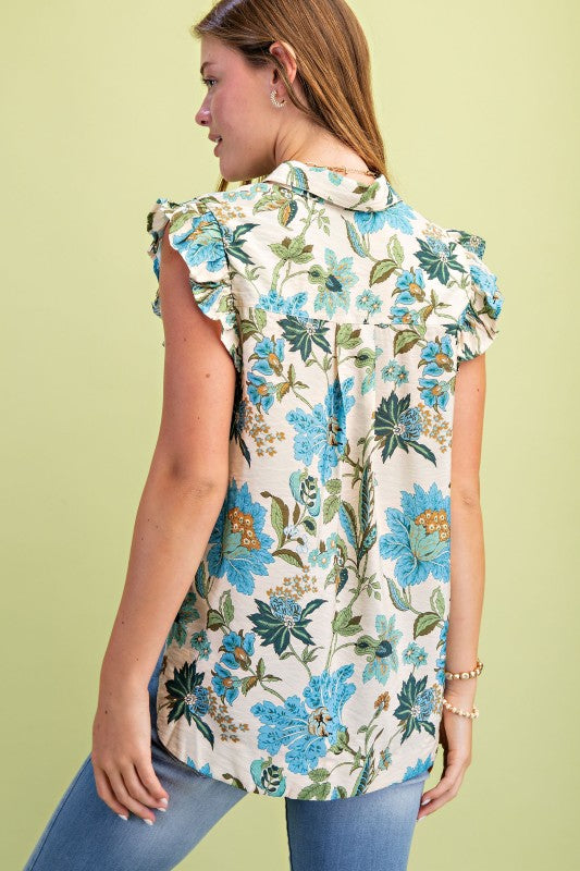 Floral Collared Button Ruffled Sleeve Top