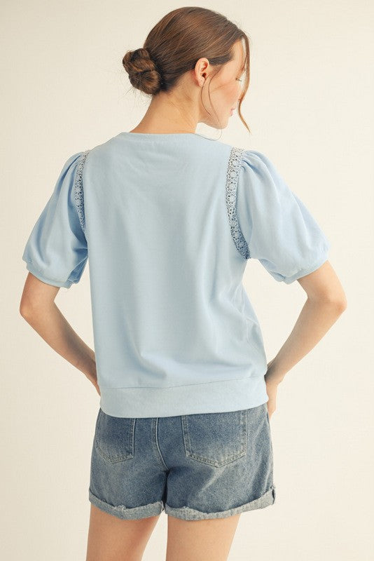 Solid Puff Sleeve Crochet Accent Top-Blue