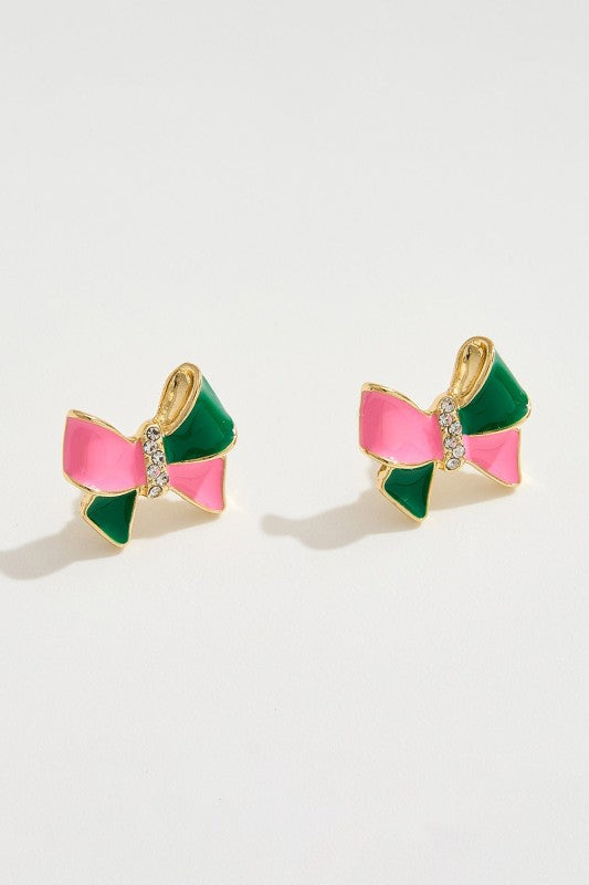 Pink & Green Rhinestone Bow Stud Earring
