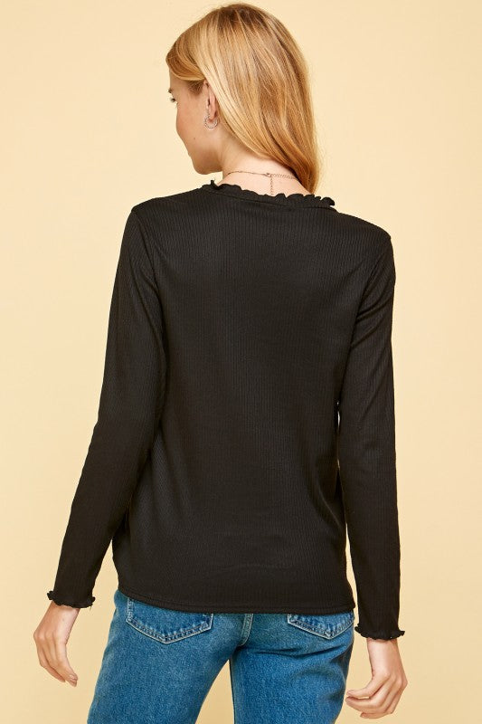 Skinny Rib Knit Ruffle Edge Long Sleeve Top