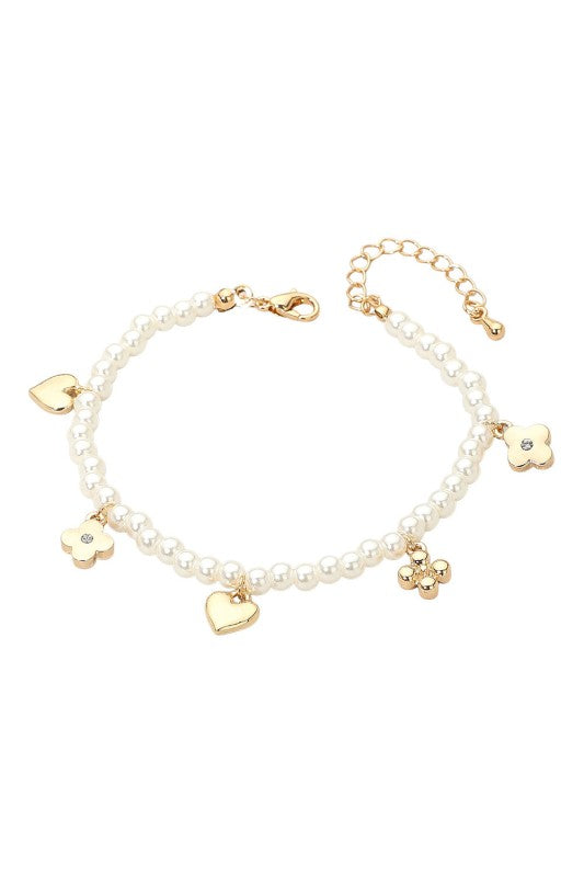 Pearl Heart & Flower Charms Bracelet