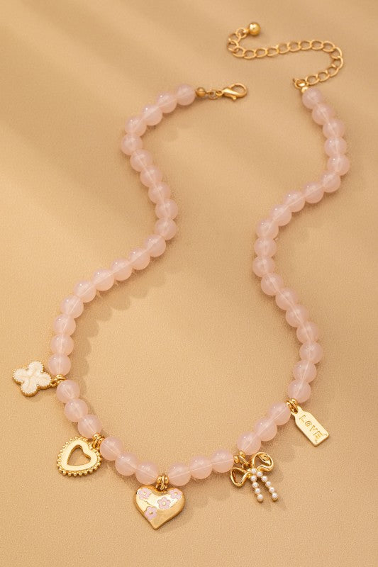 Light Pink Beaded Heart & Charms Necklace