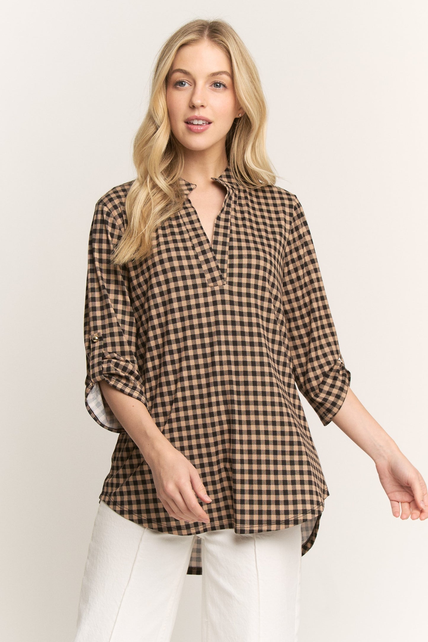 Gingham V-Neck 3/4 Sleeve Top