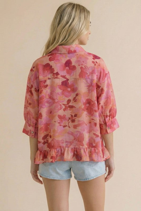 Floral Collared Button 3/4 Sleeve Peplum Top-Peach