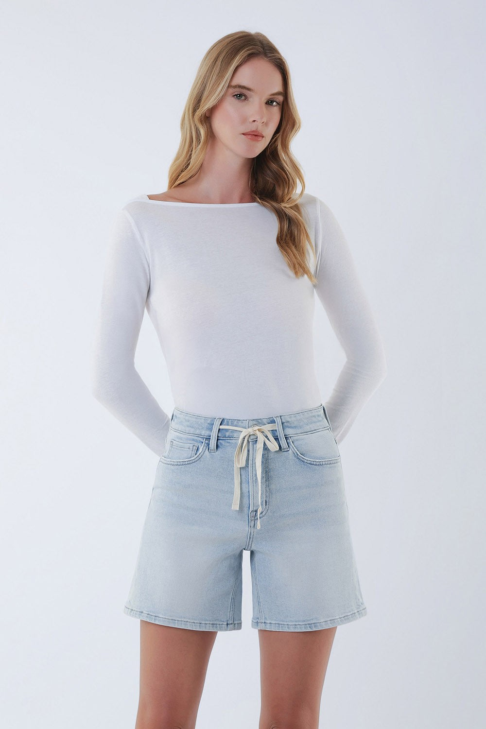 High Rise Drawstring Midi Denim Short-Light