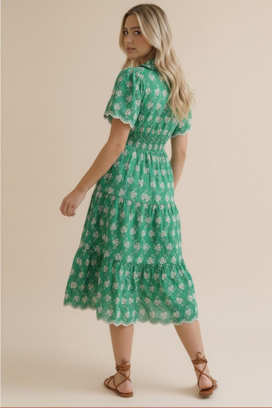 Floral Eyelet Smocked Waist Flutter Sleeve Scallop Midi Dress-Green