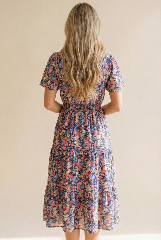 Floral Notch Neck Flutter Sleeve Tiered Midi Dress-Navy