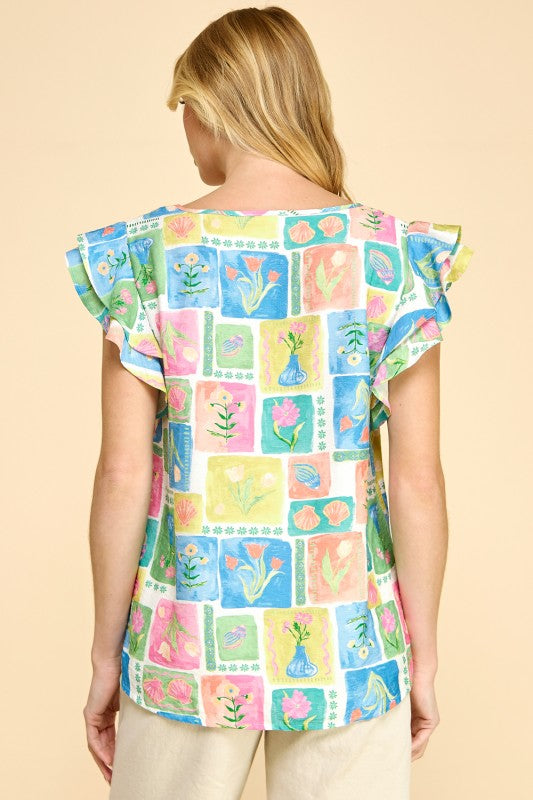 Summer Stamp Print Double Flutter Sleeve Top