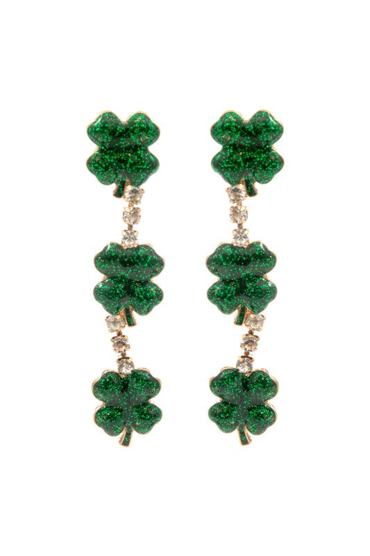 Triple Sparkle Shamrock Link Earring-Green