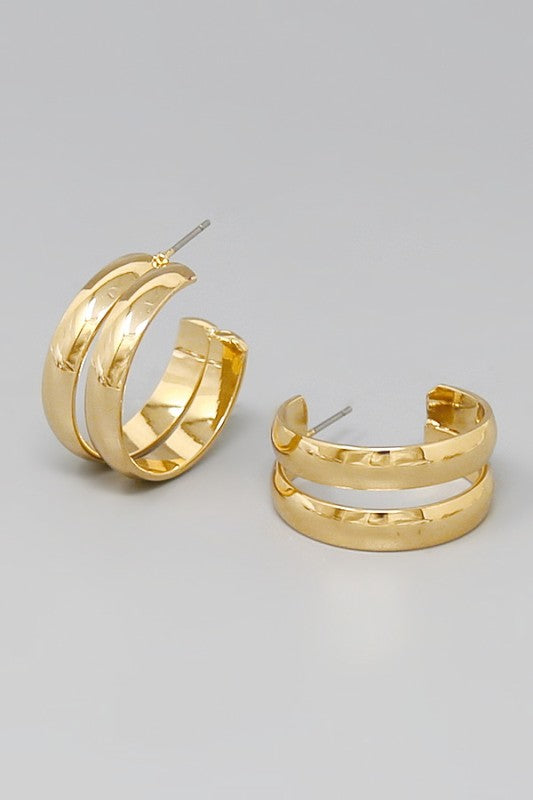 Shiny Metal Double Hoop Earring-Gold
