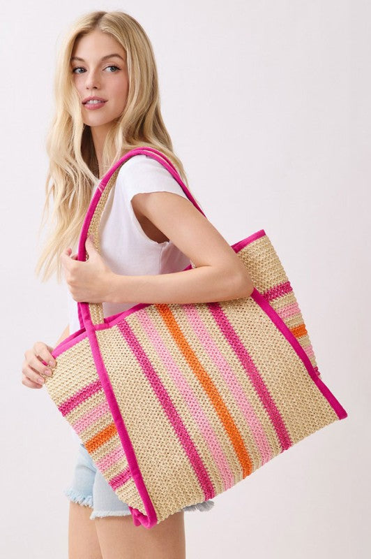 Vertical Striped Straw Tote Bag
