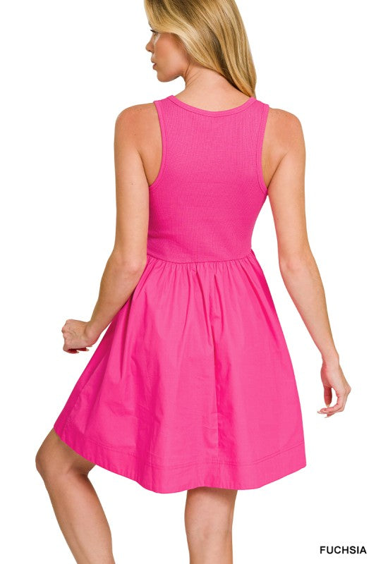 Solid Rib Tank Flowy Hem Short Dress