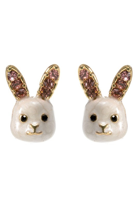 Enamel & Rhinestone Bunny Stud Earring-White