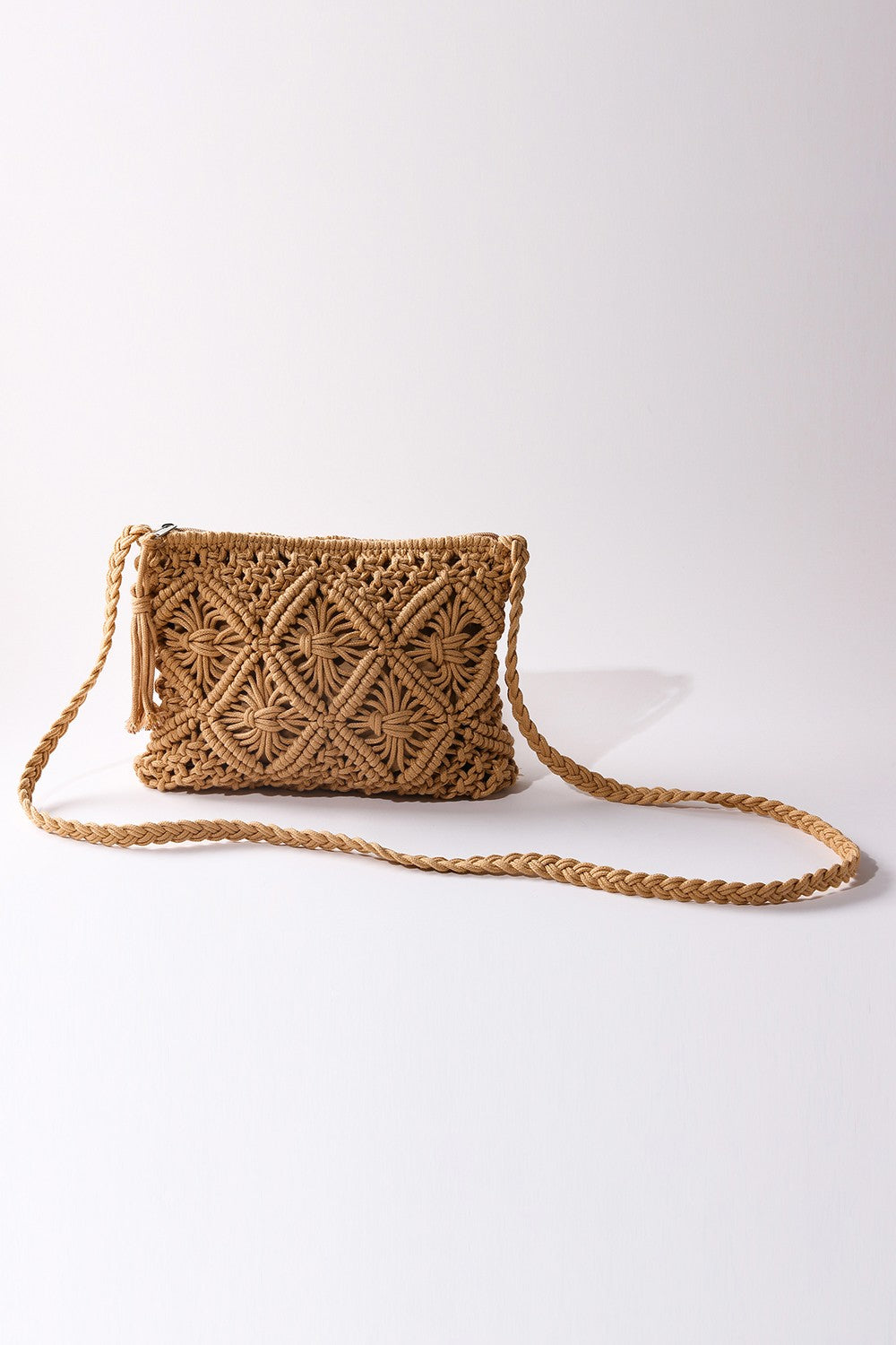 Crochet Macrame Tassel Crossbody Bag-Tan