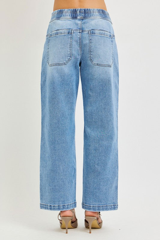 Elastic Tie Waist Cropped Baggy Patch Pocket Denim