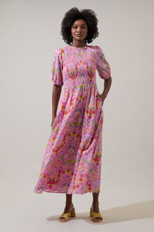 Floral 1/2 Sleeve Smocked Top Maxi Dress-Pink