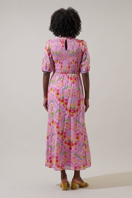 Floral 1/2 Sleeve Smocked Top Maxi Dress-Pink