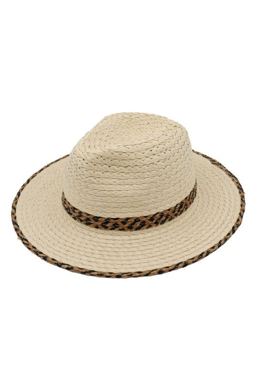 Two Tone Leopard Brim Straw Hat-Beige