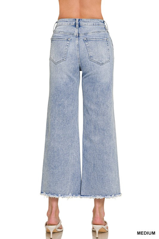 High Waist Wide Leg Fray Hem Denim-Medium Wash