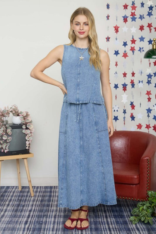 Sleeveless Front Seam Washed Denim Top