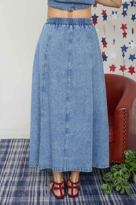 Front Seam Washed Denim Maxi Skirt