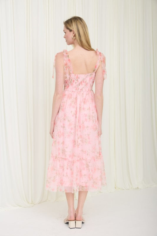 Chiffon Floral Sweetheart Neck Tie Strap Midi Dress-Pink