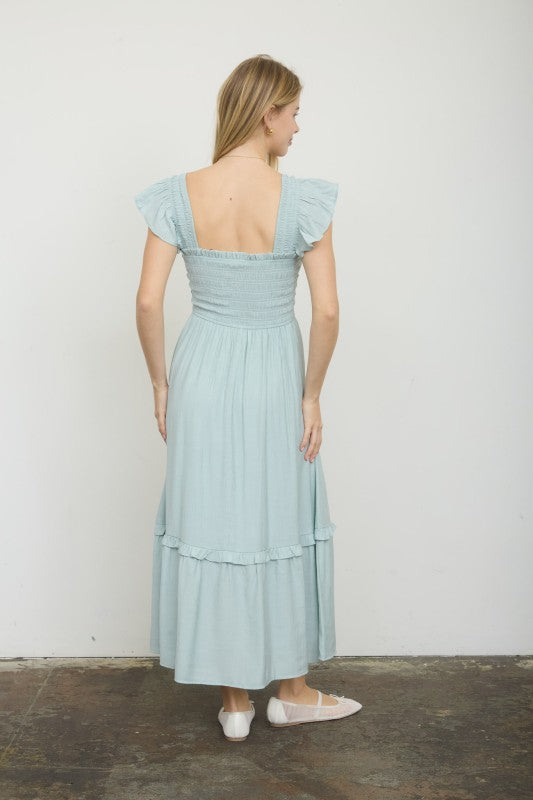 Solid Button Down Smocked Ruffle Strap Midi Dress