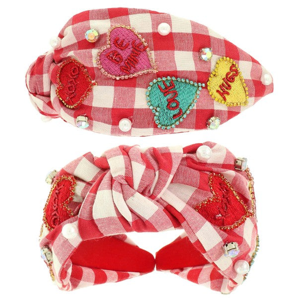 Red Gingham Beaded Convo Hearts Headband