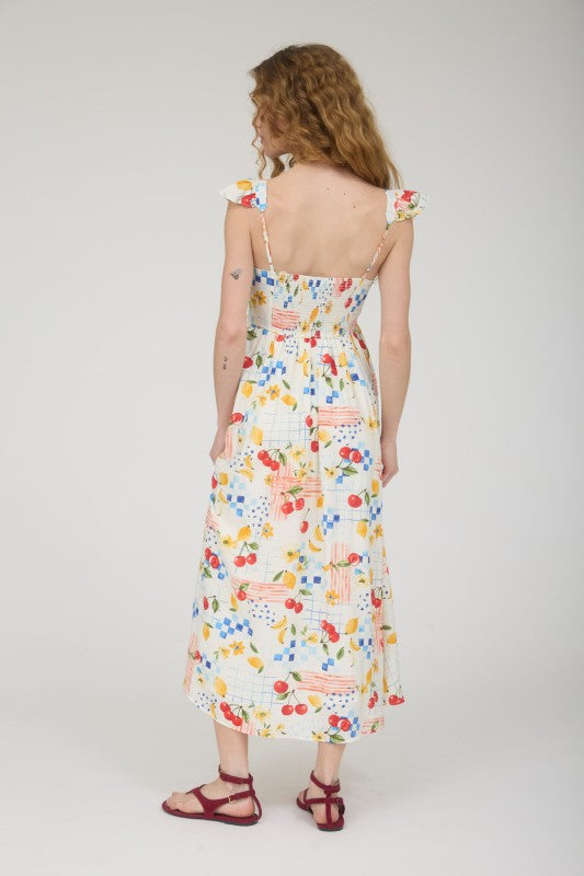 Picnic Motif Ruffle Strap Maxi Dress-Off Wht