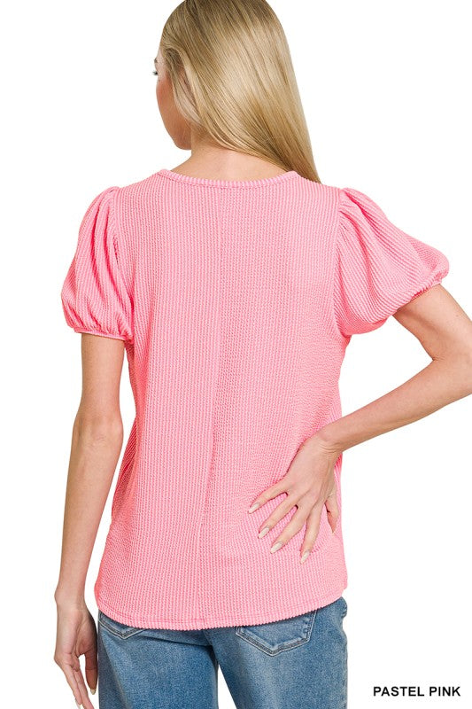 Solid Ribbed Puff Sleeve Top