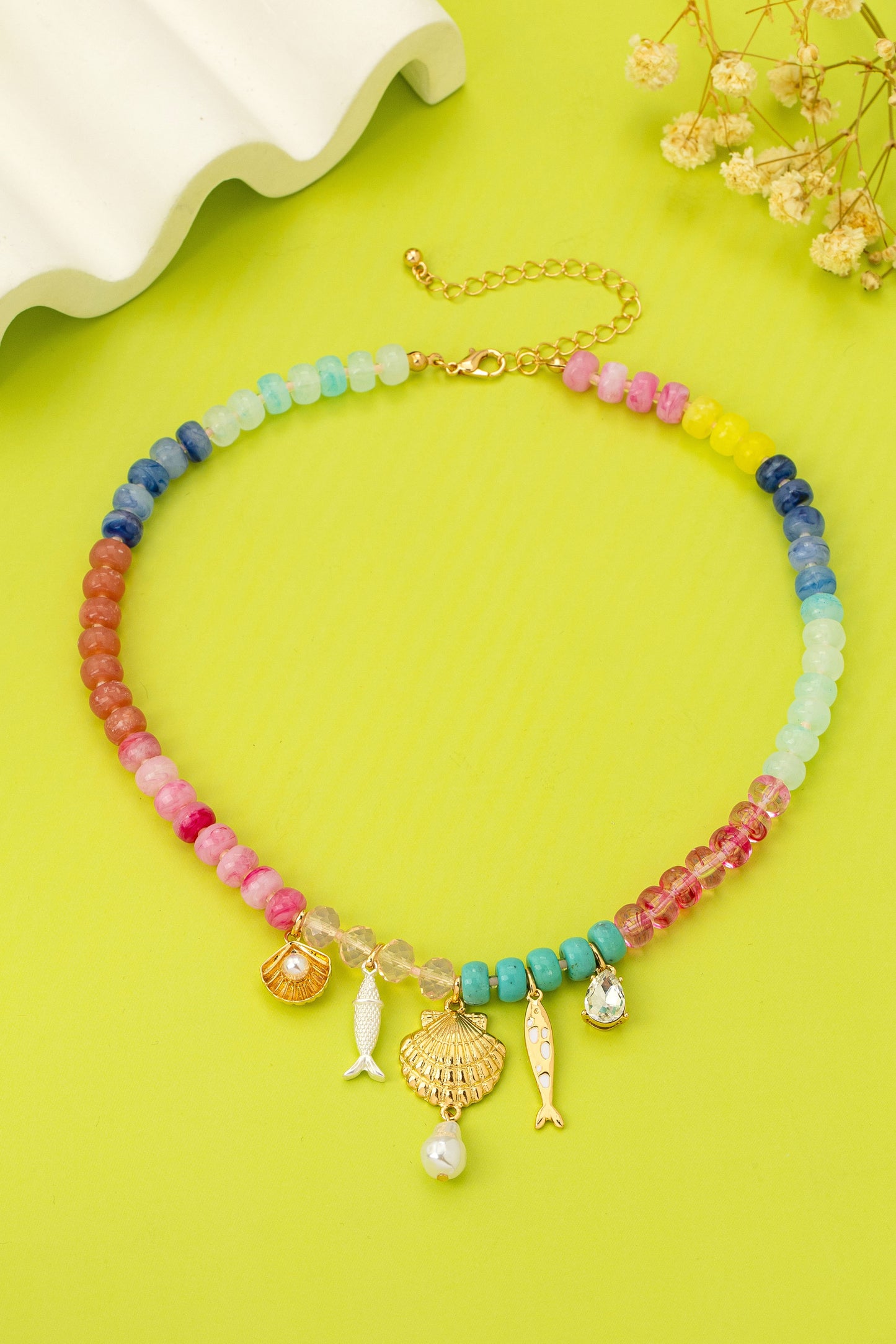 Resin Beaded Shell & Fish Charm Necklace-Multi