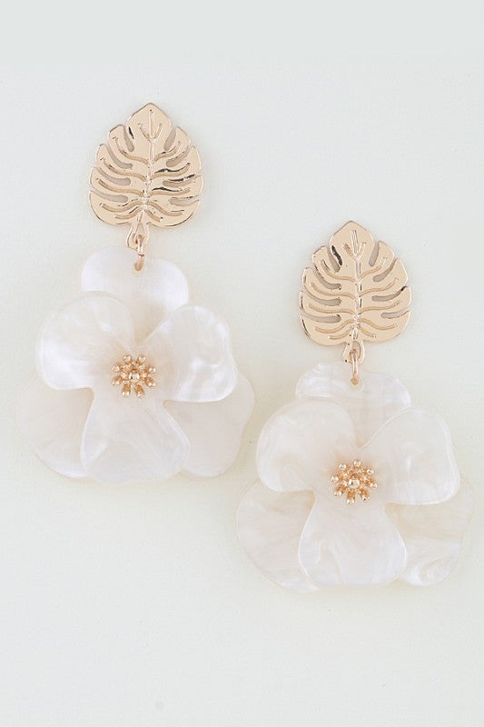 Pearlized Flower Leaf Drop Earrings