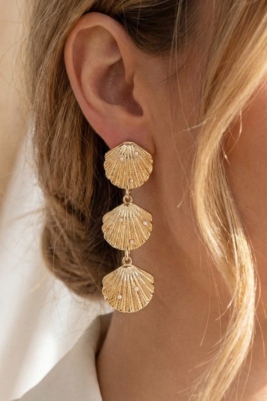 Triple Seashell & Pearl Link Earring