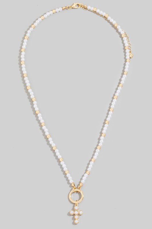 Pearl & Gold Bead Circle Drop Cross Necklace