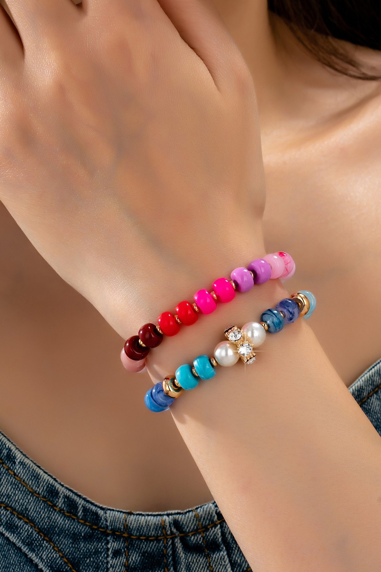 Resin Beaded Bracelet Set-Pink/Blue