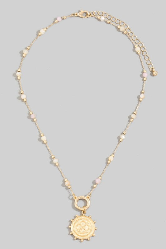 Beaded Studded Clover Disk Necklace