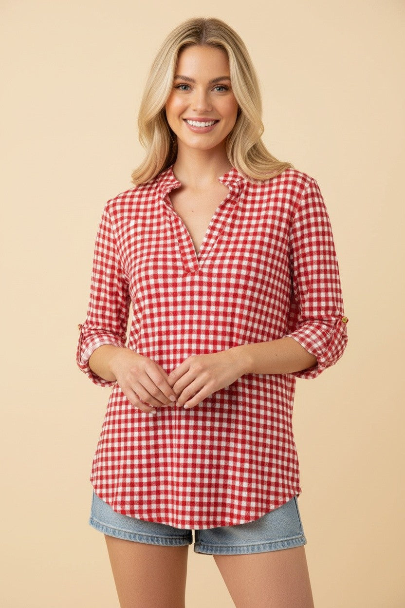 Gingham V-Neck 3/4 Sleeve Top