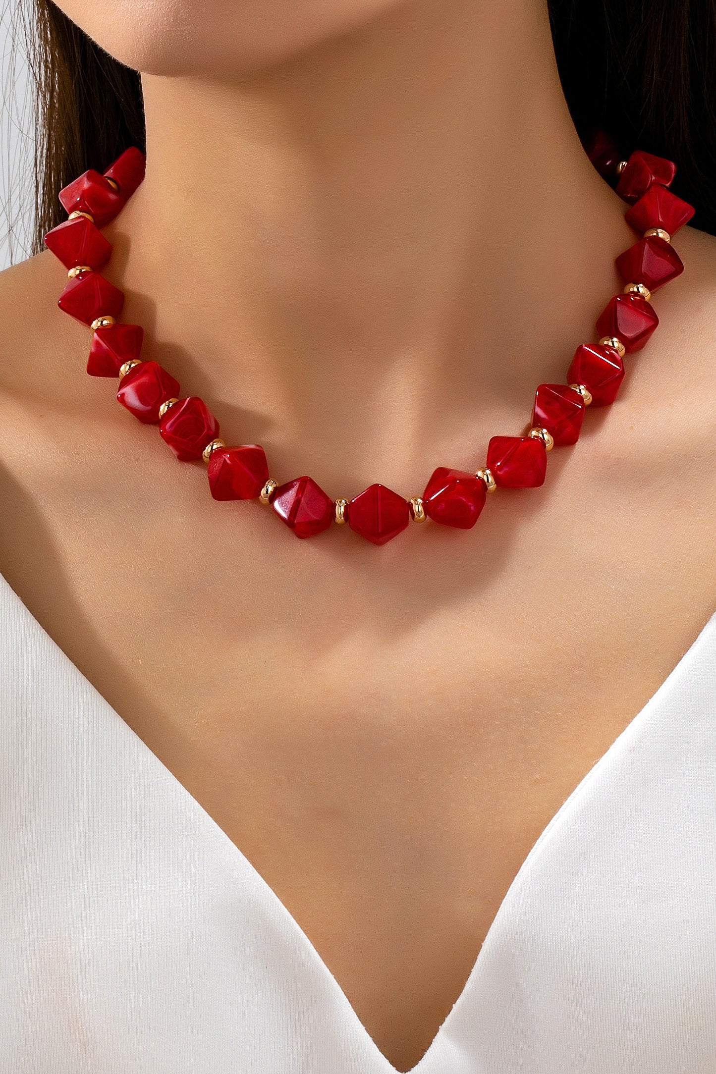 Faceted Resin Beaded Necklace-Red