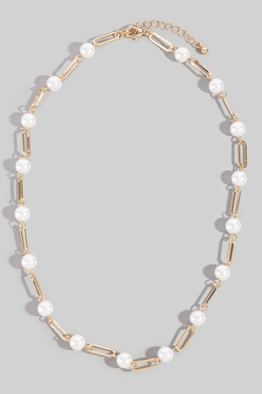 Pearl Beaded Open Oval Chain Short Necklace
