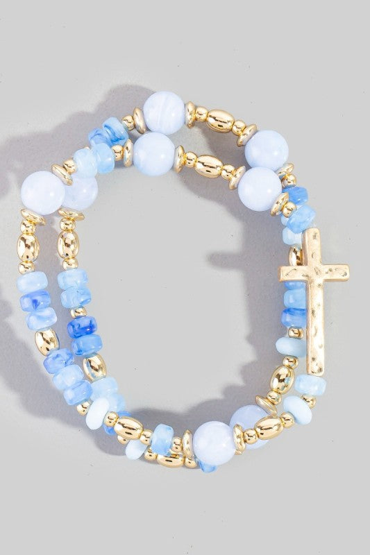 Glass Bead Hammered Sideways Cross Bracelet Set