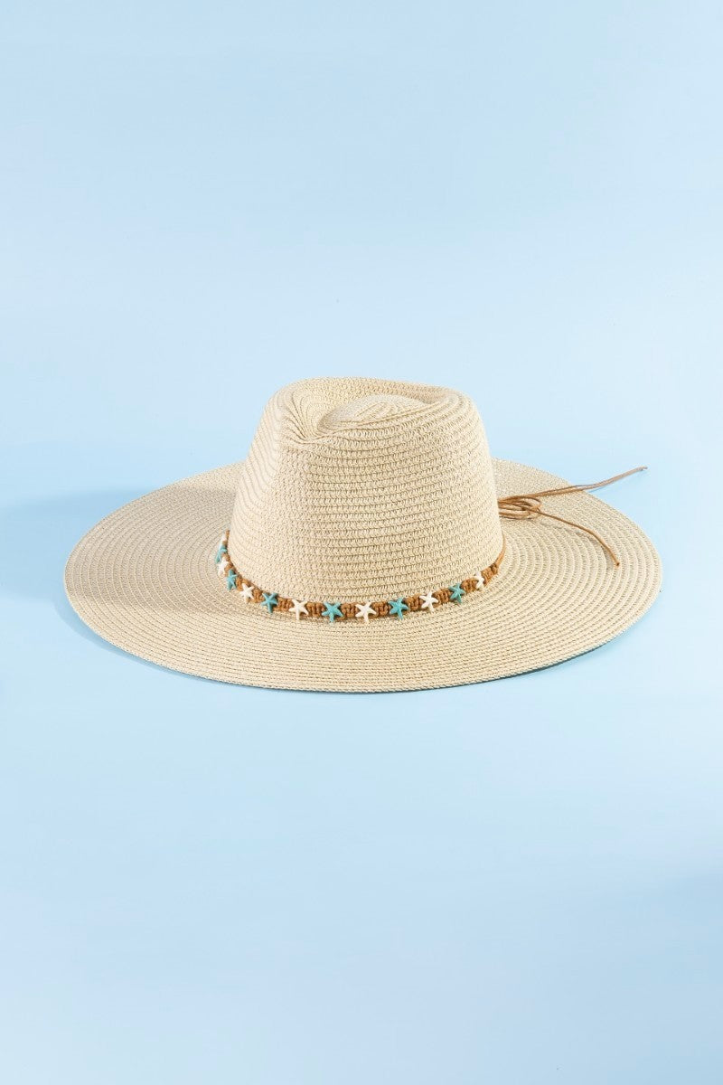 Starfish Beaded Brim Straw Hat-Ivory