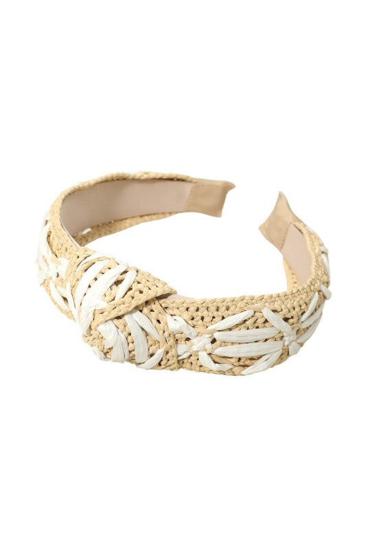 Woven Raffia Contrast Knot Headband-Natural