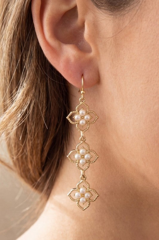 Triple Pearl Filigree Flower Drop Earring